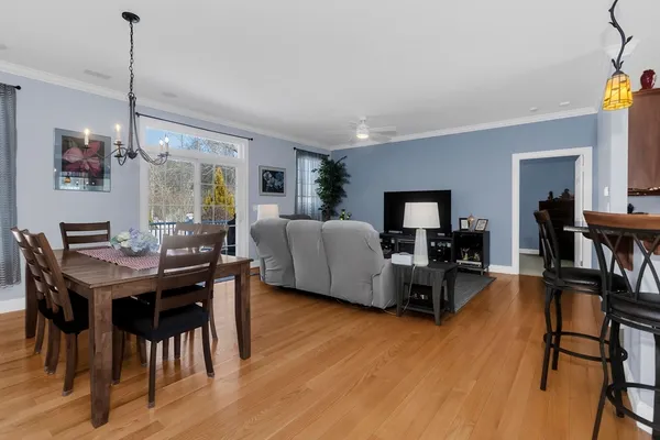a view of a dining room with furniture window and wooden floor