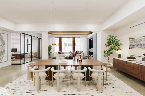 a view of a dining room with furniture and window