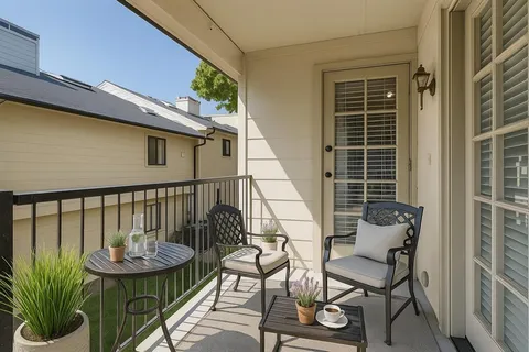 a view of a chair and table in the balcony