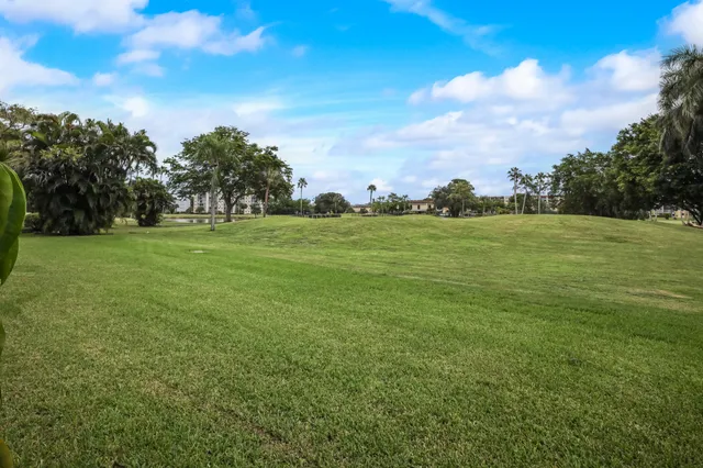 a view of a green field with trees in the background