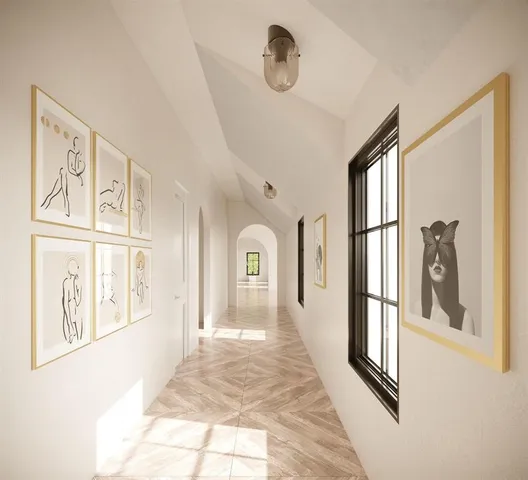 a view of a hallway with windows