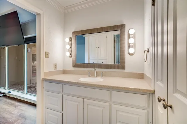 a bathroom with a sink and a mirror