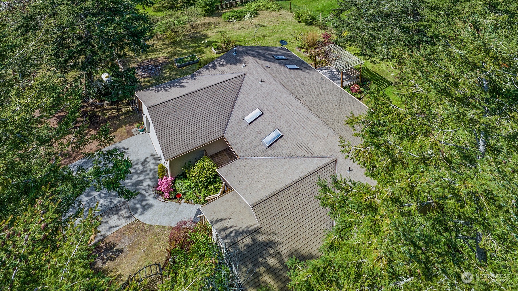an aerial view of a house with a yard and a large tree