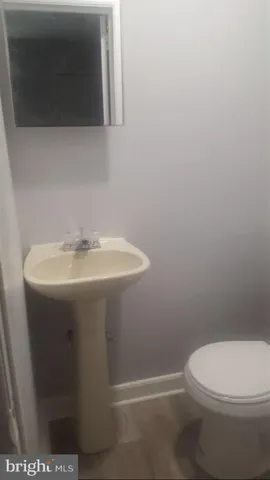 a bathroom with a sink a toilet and mirror