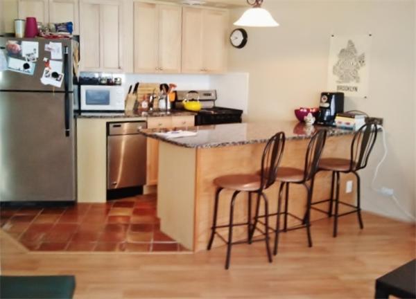 516 Green Street, Unit 1D Cambridge, MA 02139 - Photo 3 of 13 a kitchen with stainless steel appliances granite countertop a dining table chairs sink and cabinets