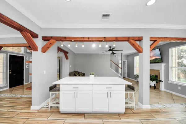 a living room with furniture and a potted plant