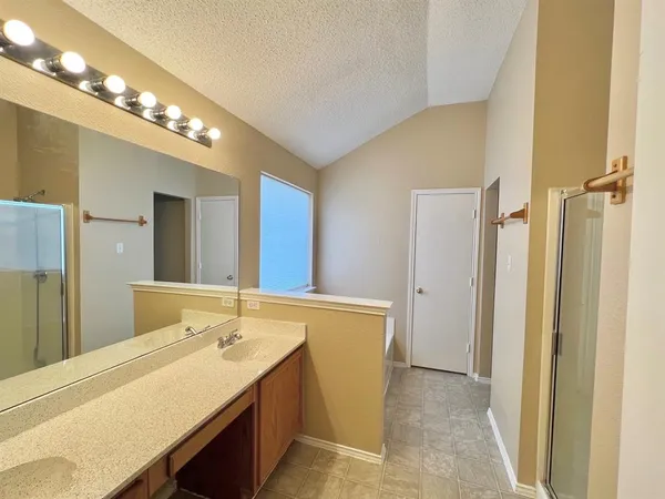 a bathroom with a sink a mirror and a shower