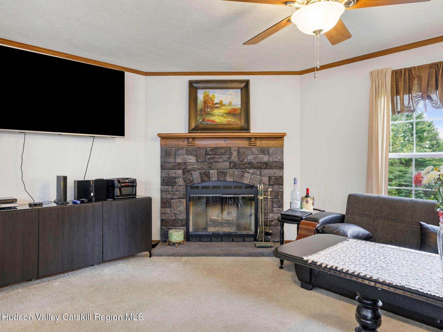 137 Mountain Pond View Road Gilboa, NY 12076 - Photo 19 of 38 a living room with furniture a flat screen tv and a fireplace