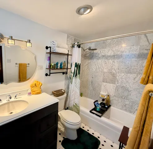 a bathroom with a sink a toilet and shower