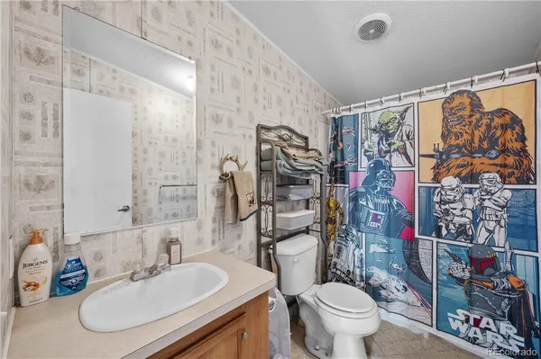 a bathroom with a toilet sink and shower curtain