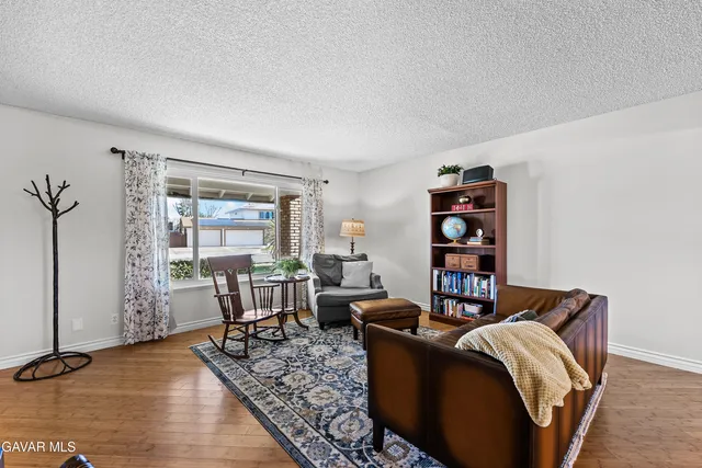 a living room with furniture a rug and a window