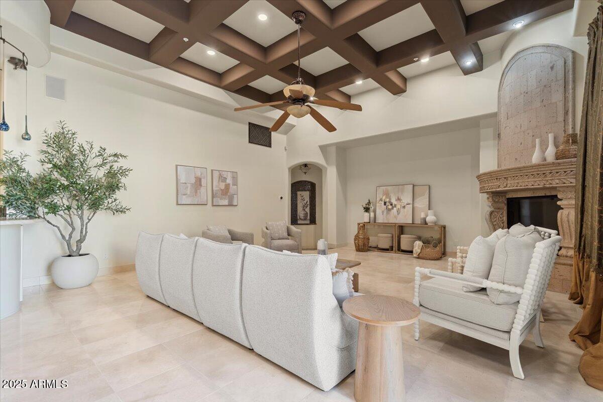4037 North Pinnacle Hills Circle Mesa, AZ 85207 - Photo 29 of 195 a living room with furniture a fireplace and a potted plant