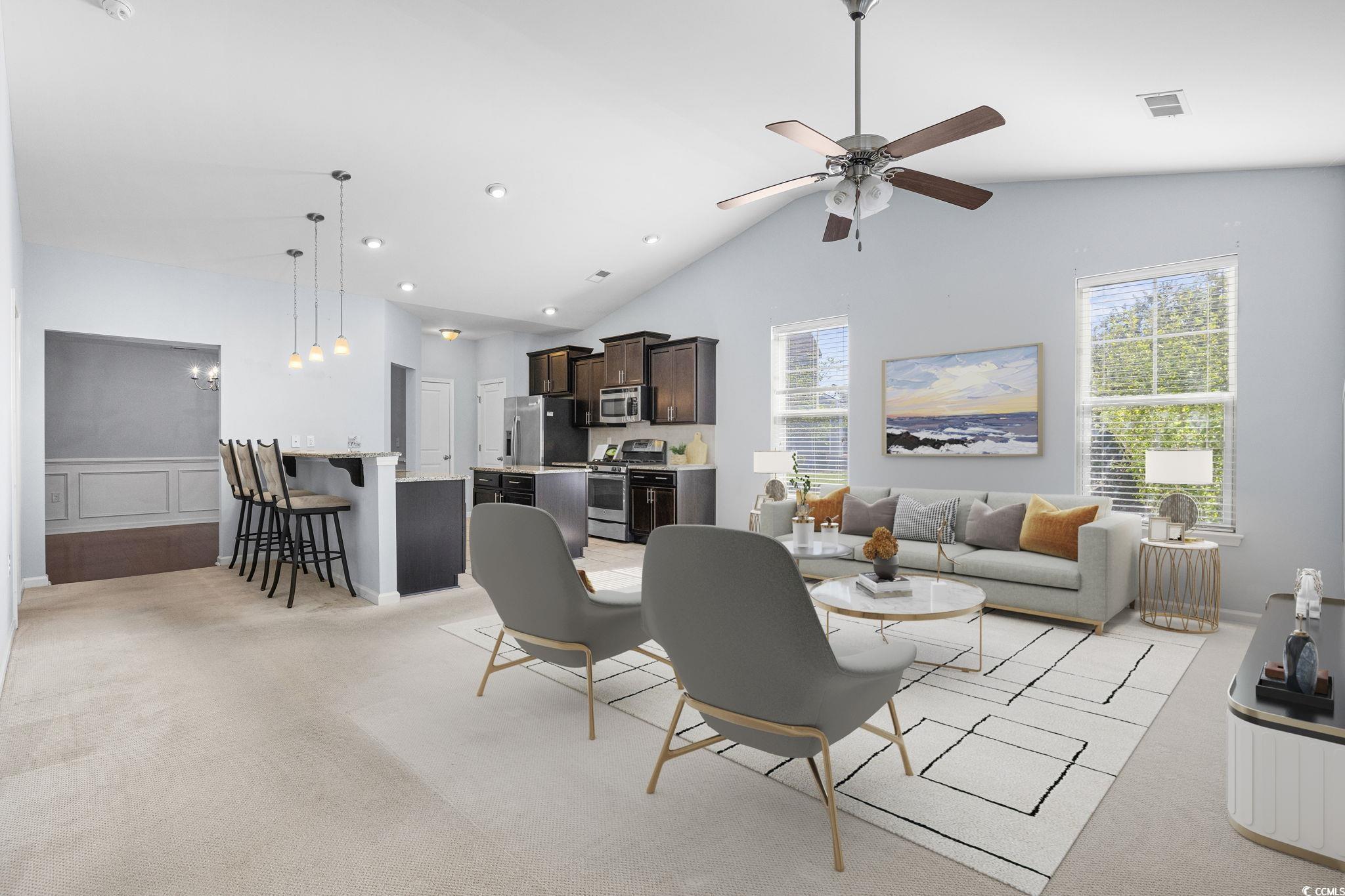 817 Arezzo Way, Unit 1001 Myrtle Beach, SC 29579 - Photo 14 of 40 Living room featuring light carpet, ceiling fan, high vaulted ceiling, and recessed lighting