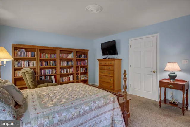 a bedroom with a bed a dresser and a flat screen tv