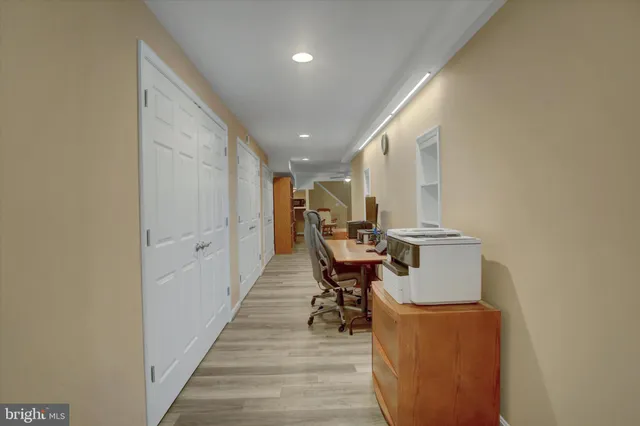 a view of balcony with wooden floor
