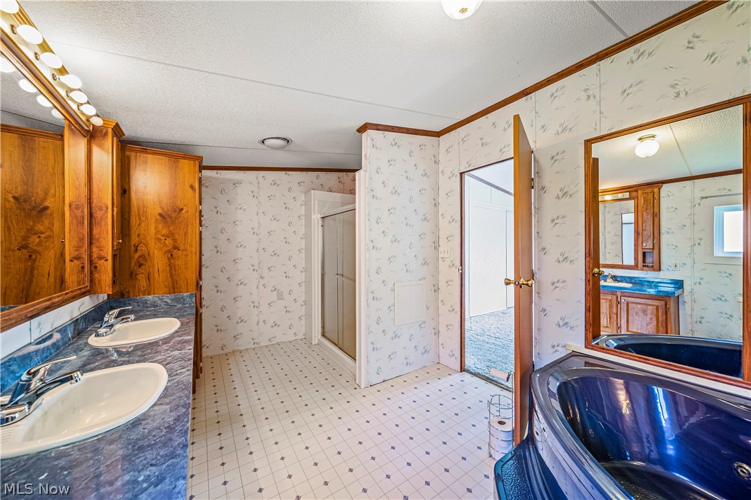 3471 Fox Road Kingsville, OH 44048 - Photo 36 of 50 Bathroom featuring plus walk in shower, crown molding, dual vanity, a textured ceiling, and tile floors