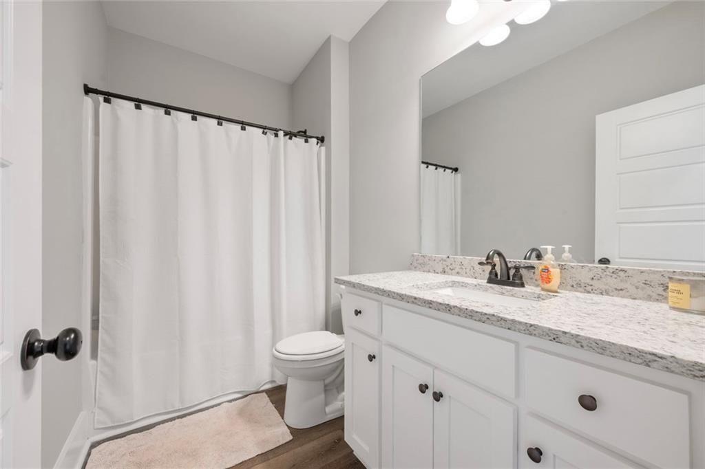 11700 Wildcat Bridge Road Danielsville, GA 30633 - Photo 29 of 49 a bathroom with a granite countertop sink toilet and shower
