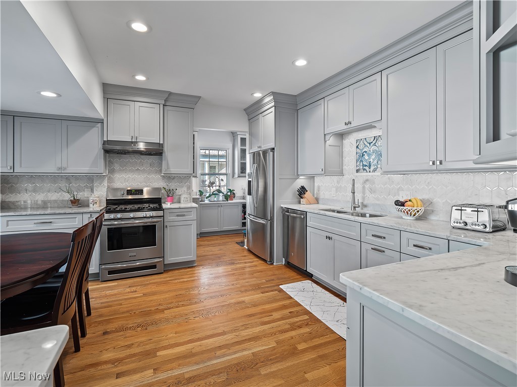 2842 Lee Road Cleveland, OH 44120 - Photo 5 of 44 Kitchen featuring stainless steel appliances, recessed lighting, light wood-style flooring, marble counters, and custom tile backsplash