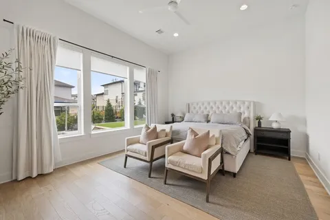 a spacious bedroom with a bed and a large window