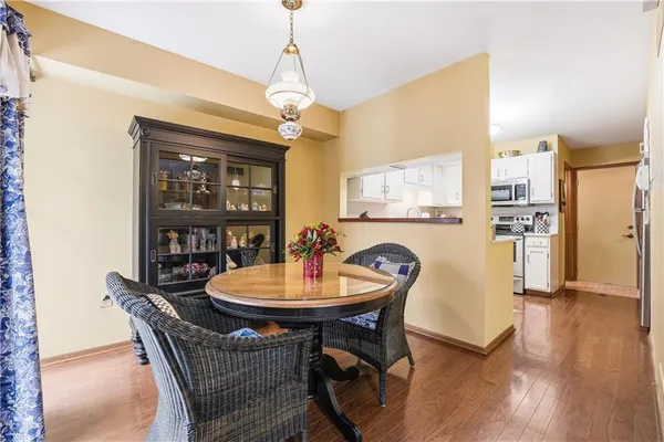 a view of a dining room with furniture