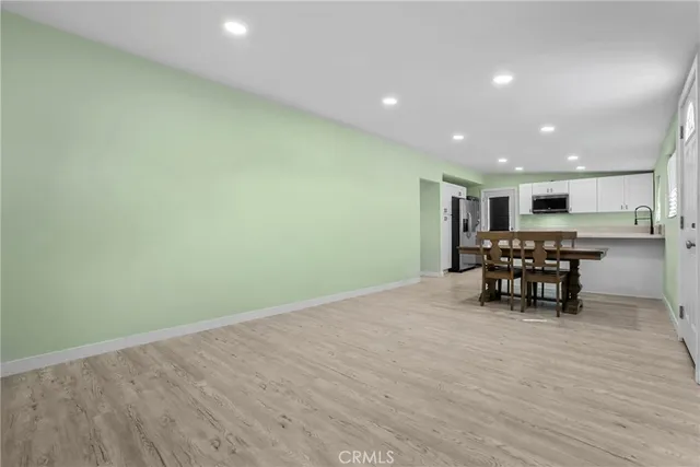 a view of a dining room with furniture