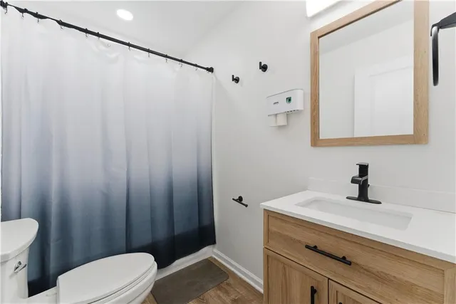 a bathroom with a sink a toilet and shower curtain