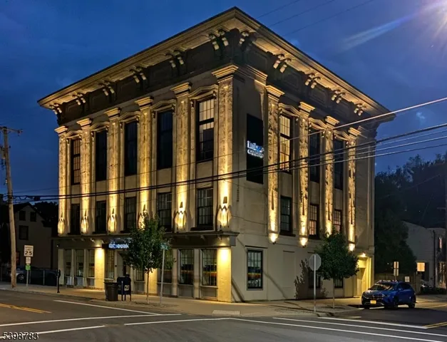 a view of a building and a street light
