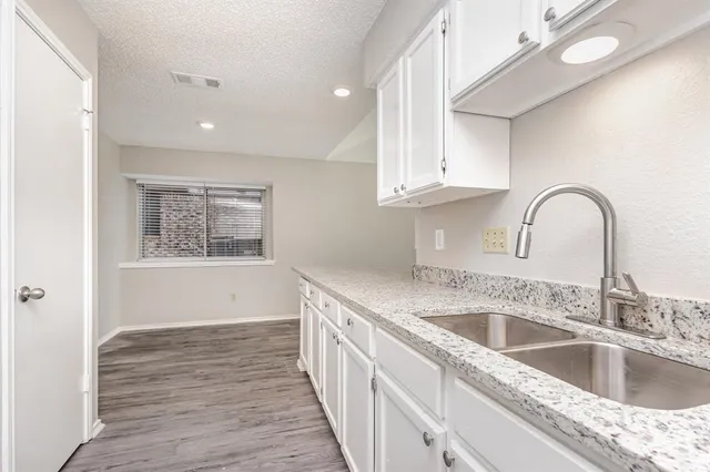 a kitchen with stainless steel appliances granite countertop a sink dishwasher and cabinets with wooden floor