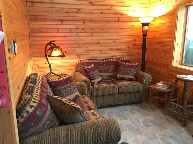 a dining room with furniture