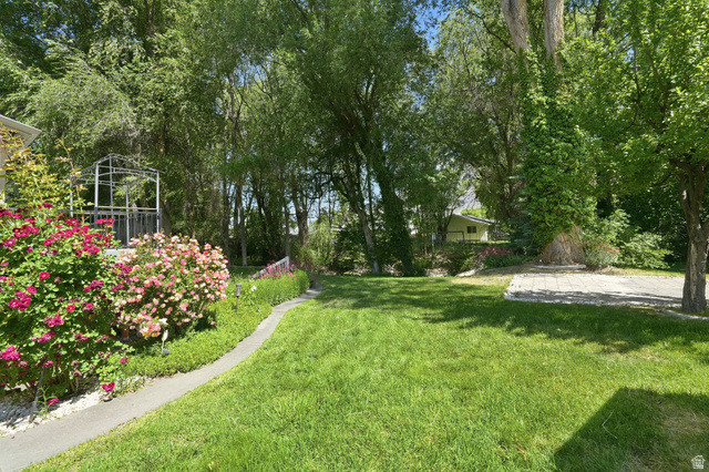 883 East 700 South Springville, UT 84663 - Photo 50 of 59 Expansive backyard featuring a lush lawn, mature trees, vibrant flowering shrubs, a garden path, and a paved patio area