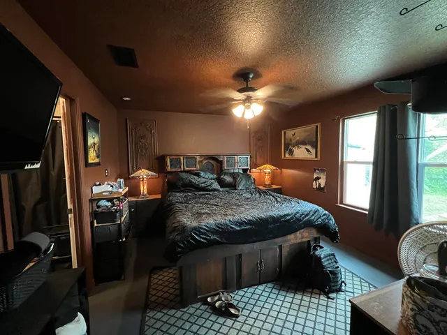 a bedroom with a bed a chandelier and a flat screen television