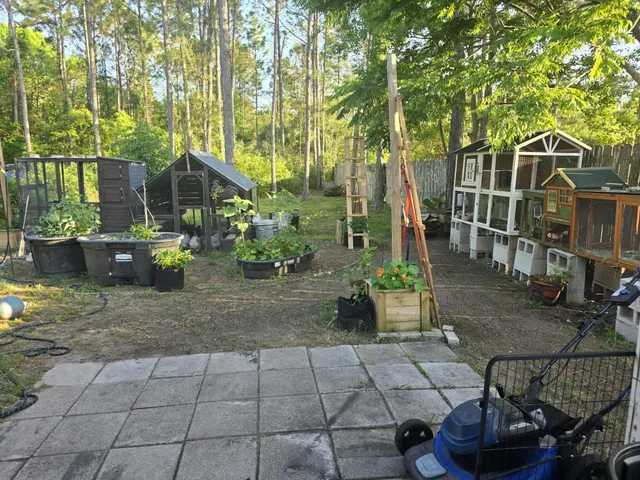 a garden view with a seating space