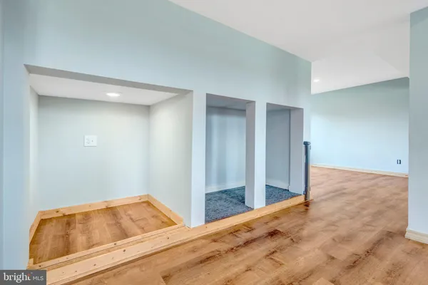 a view of a garage with wooden wall
