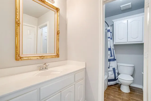 a bathroom with a sink a toilet and a mirror