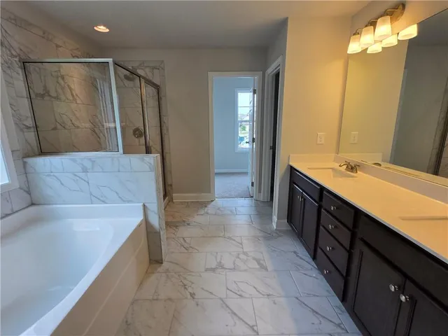 a bathroom with a shower and a bath tub