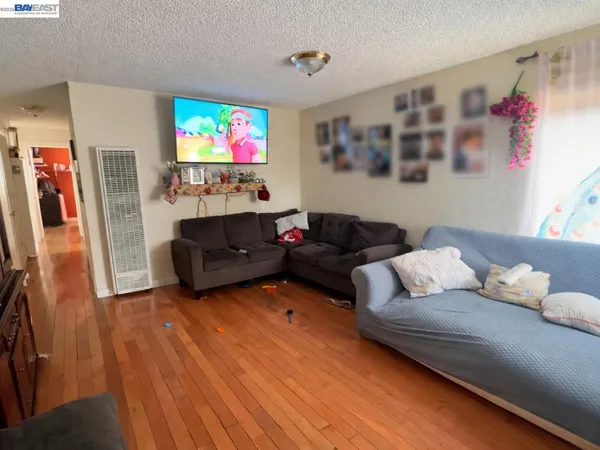 a living room with furniture a flat screen tv and a wall paintings