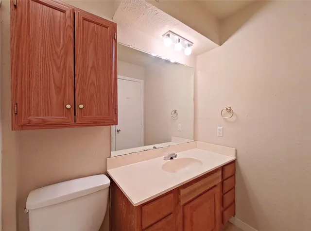 a bathroom with a sink a toilet and mirror
