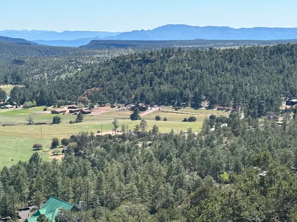 a view of a town with mountains in the background