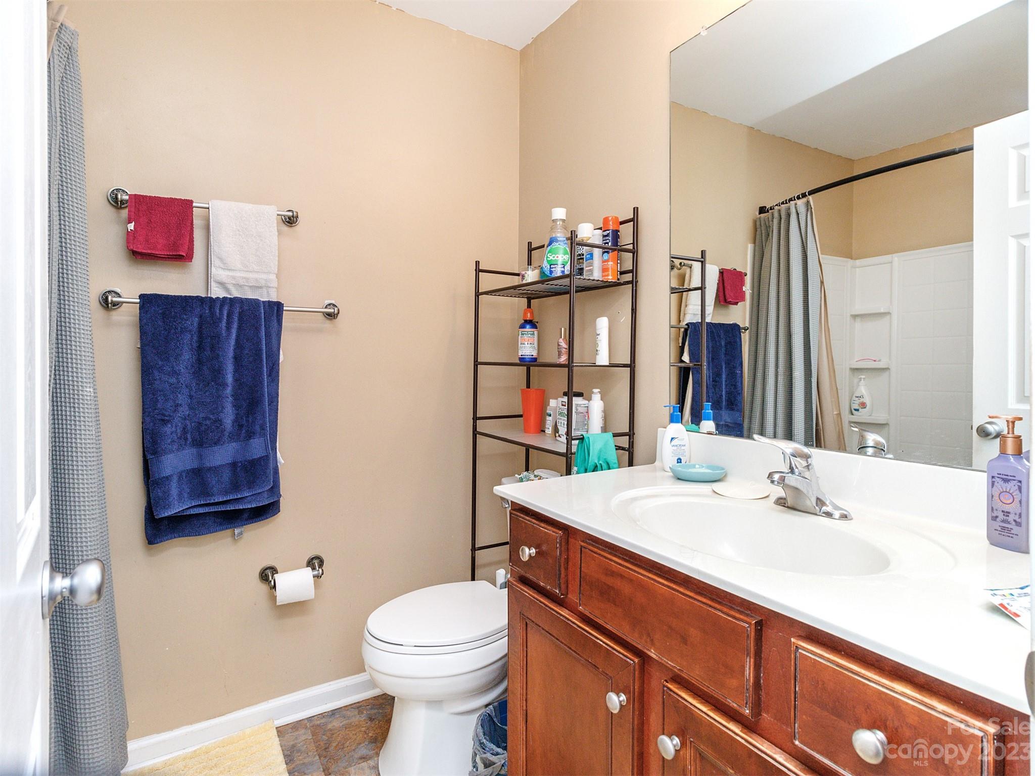 3053 Summerfield Ridge Lane Matthews, NC 28105 - Photo 25 of 37 a bathroom with a sink a toilet and shower curtain