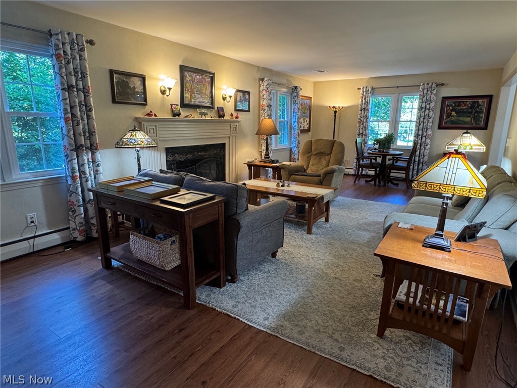 Spacious living area featuring wood- like finish flooring, a traditional fireplace with mantel, and multiple windows