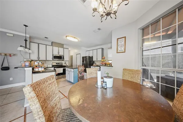 a view of a dining room with furniture
