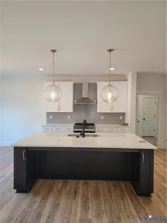 a kitchen with a sink cabinets and wooden floor