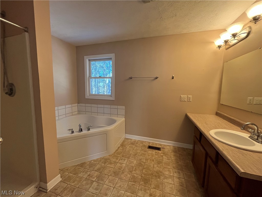 2819 Best Road Cambridge, OH 43725 - Photo 13 of 33 Bathroom featuring a jacuzzi tub, separate shower, vanity, and tile flooring