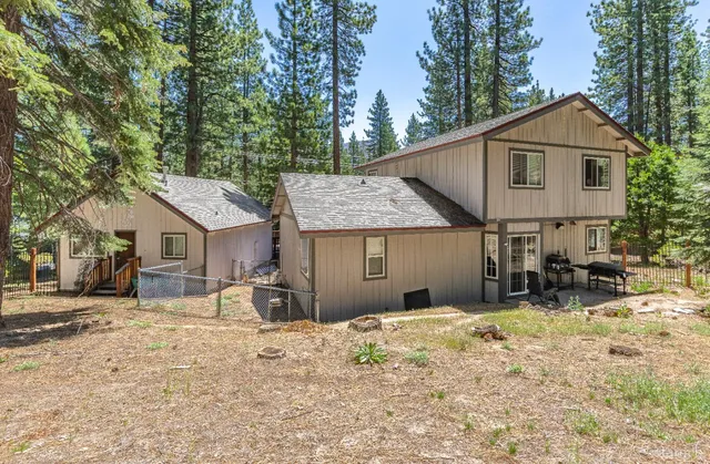 a view of a backyard with a large tree