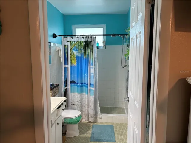 a bathroom with a shower and toilet