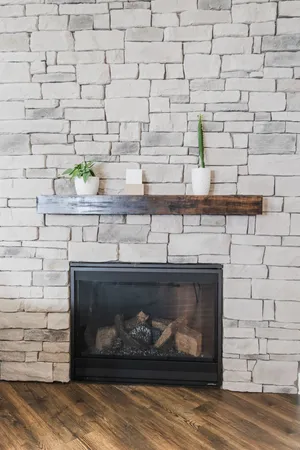 a fireplace with a vase on top of it