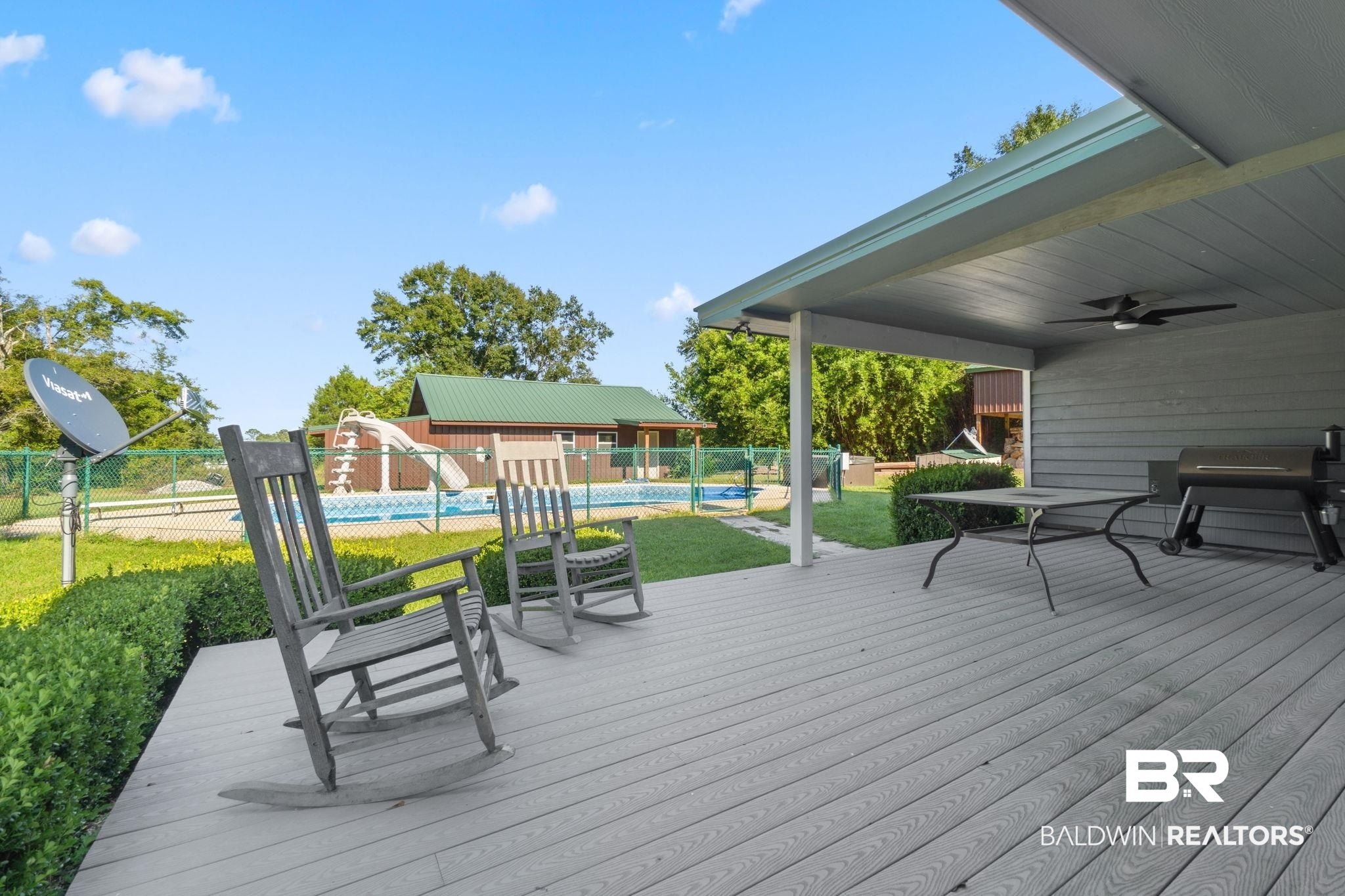 27300 C R Watson Road Robertsdale, AL 36567 - Photo 25 of 35 Wooden deck featuring a grill, ceiling fan, and a swimming pool
