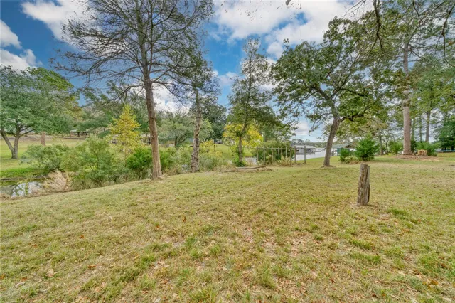 a view of a field with trees in the background