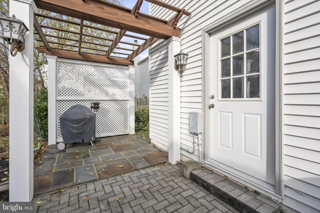 a view of a street with potted plants