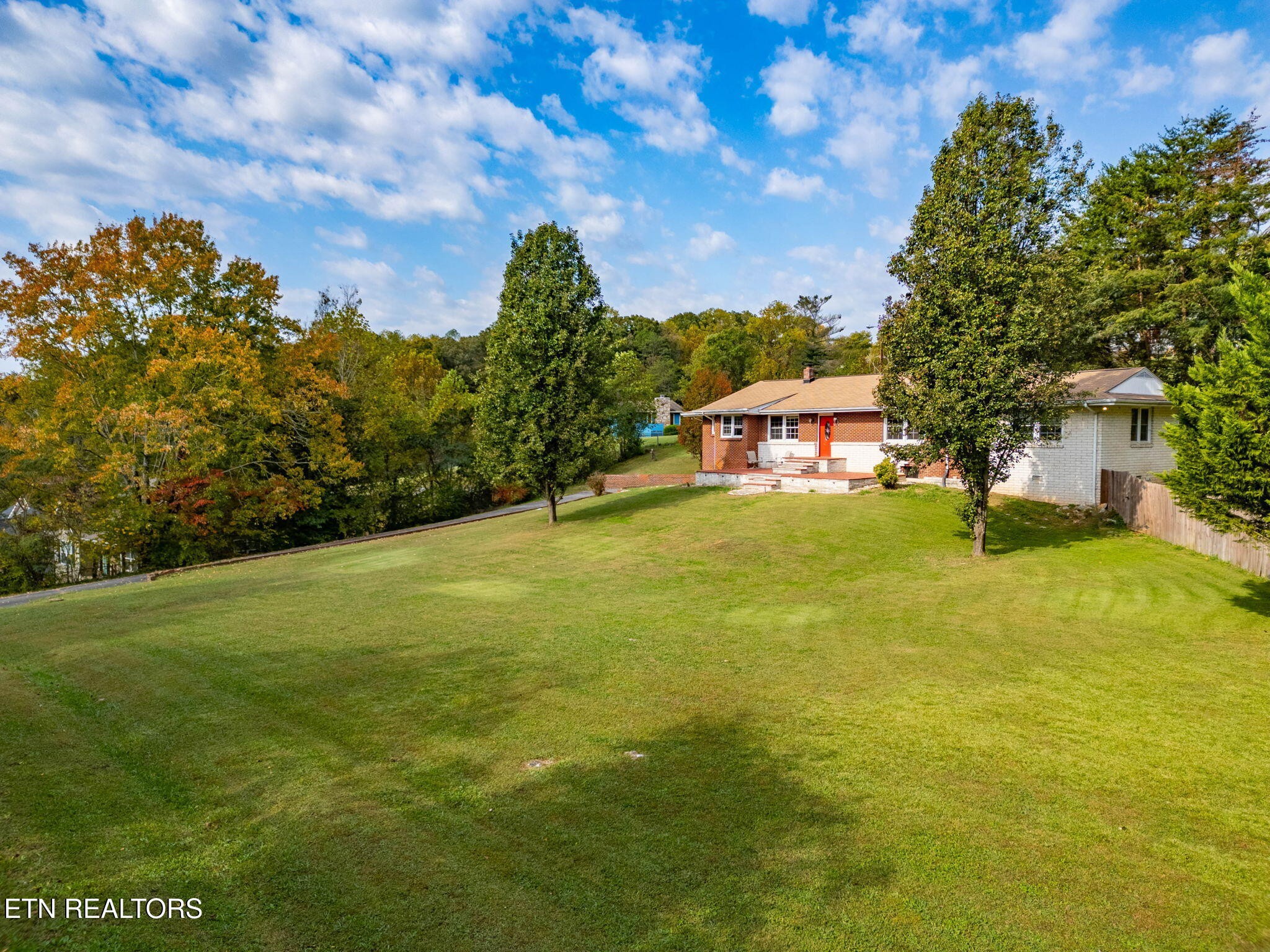 a view of a big yard with swimming pool and green space